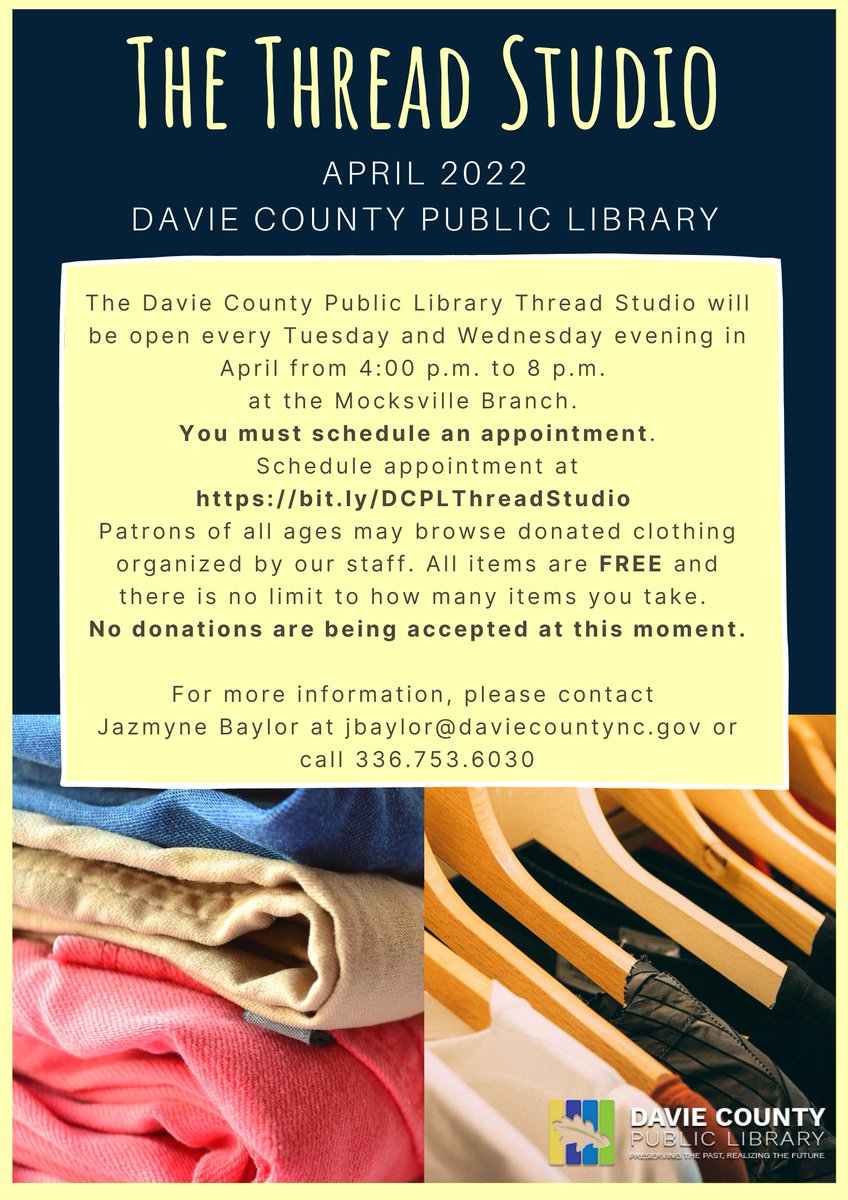 The Davie County Public Library Thread Studio will be open every Tuesday and Wednesday evening in April from 4:00 p.m. to 8 p.m. 
at the Mocksville Branch. 
You must schedule an appointment.
Schedule appointment at bit.ly/DCPLThreadStud…
