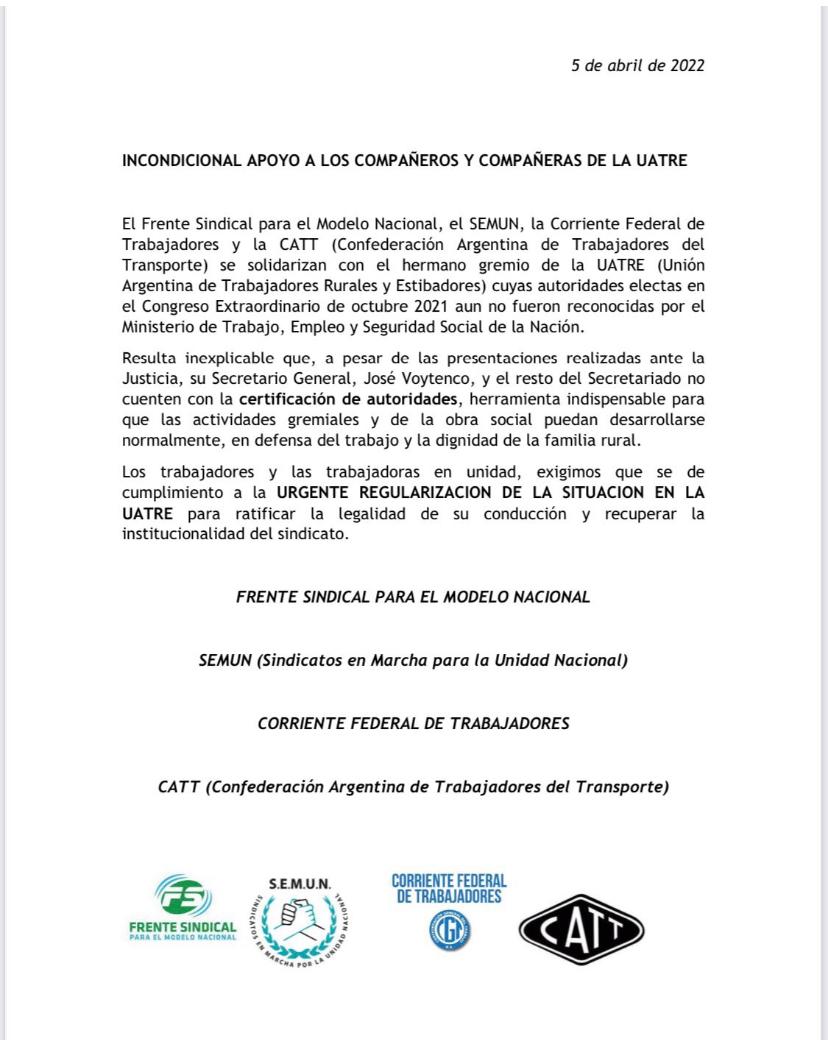 somosstv's tweet photo. ➡️Desde #STVyARA nos unimos al apoyo del #Frente Sindical, la #Semun, la Corriente Federal de #Trabajadores y la @CATT_Prensa hacia @uatreoficial en reclamo de las autoridades electas por no poder asumir al no ser reconocida por el @MinTrabajoAR
#SomosViales #GracielaAleñá https://t.co/y2DsyruY8u