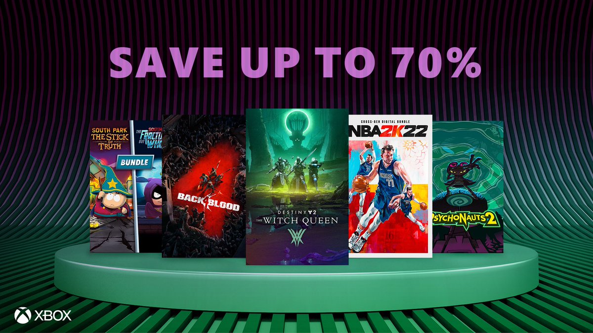 Five games displayed on a green and purple background. Games from left to right: Bundle: South Park™ : The Stick of Truth™ + The Fractured but Whole™,  Back 4 Blood, Psychonauts 2, NBA 2k22 Cross-Gen Digital Bundle, Destiny 2: The Witch Queen