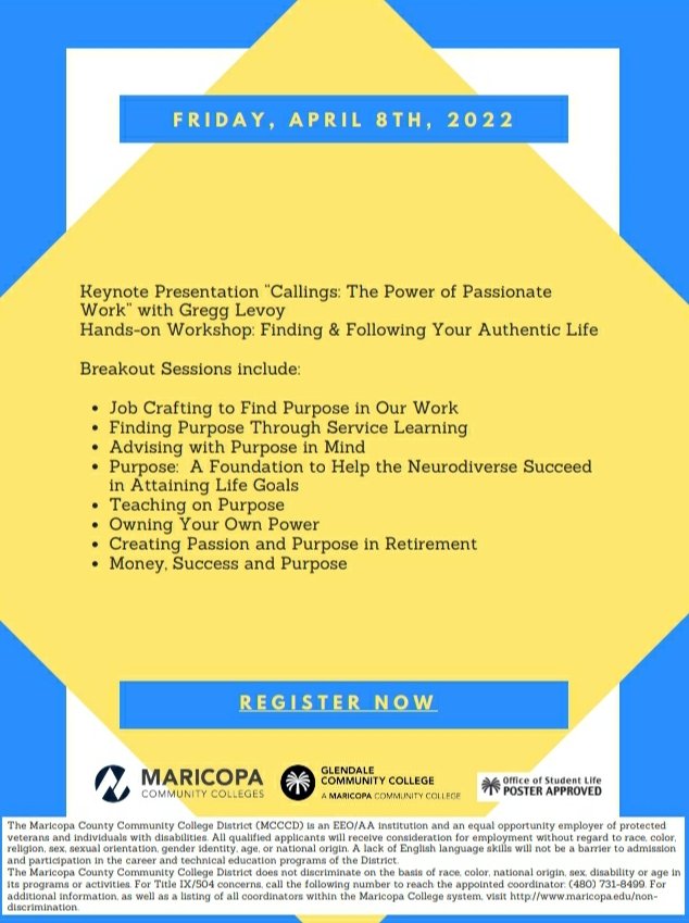 TheVoiceGCC's tweet photo. MCCCD’s first Purpose Dialogue Day, The Quest for Passion and Purpose, is this Friday Apr. 8, 9am - 3pm!
This VIRTUAL event will include a Keynote/Workshop by highly acclaimed author/presenter Gregg Levoy. For more info and to sign up, follow this link: https://t.co/vCoAkg8SVa https://t.co/dQzdGSw4XA