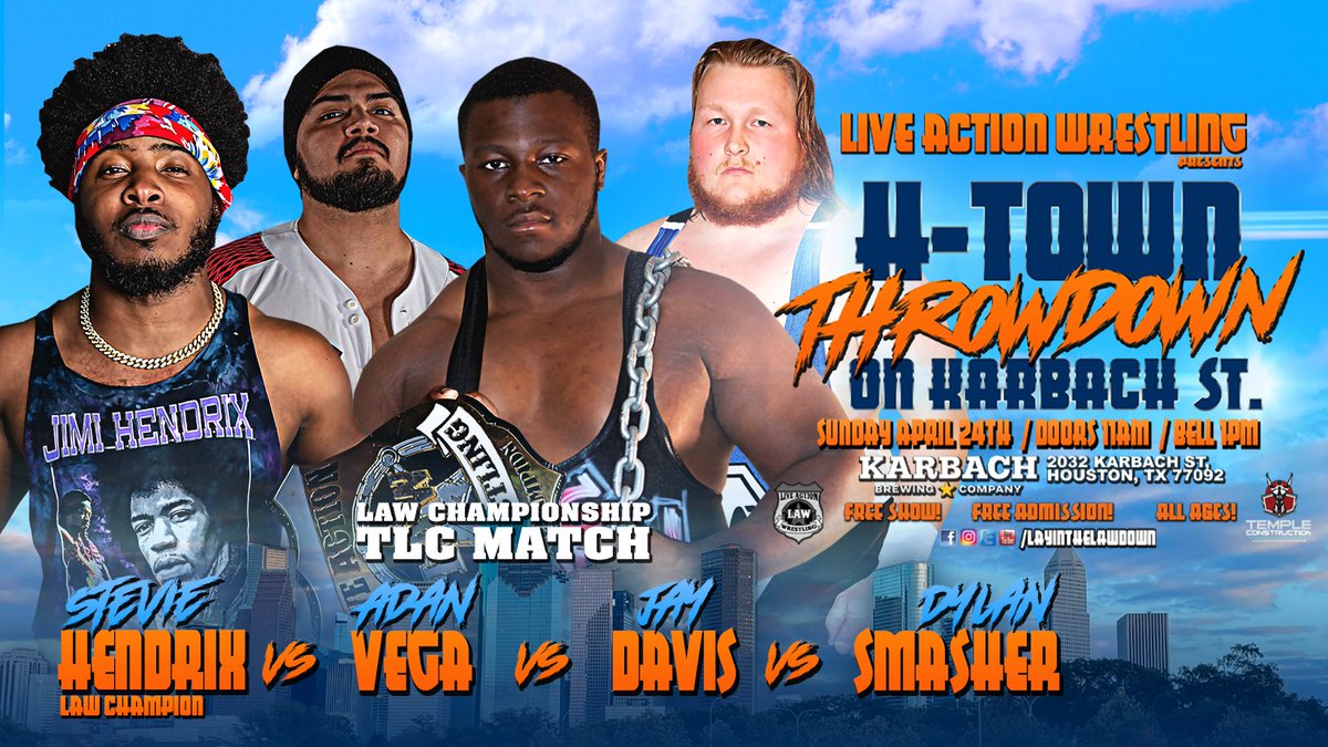LayinTheLAWDown's tweet photo. #Tables, #Ladders, #Chairs, the #LAWChampionship! #KingPin #StevieHendrix. #AdánVega, his toughest challenge. #JayDavis, epitome of #RAWttweilerPower. #DylanSmasher, a lesson in fearlessness. @KarbachBrewing. #FREEEVENT #FREEADMISSION #LAW #LAWThrowdown #LAWKarbach #TLC #TLCMatch https://t.co/fJyEur3uJC