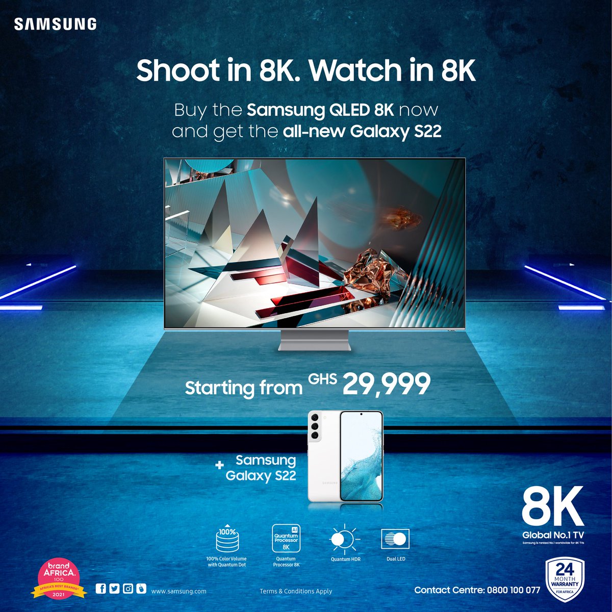 Samsung_Ghana's tweet image. Shoot in 8K. Watch in 8K.
Never miss a detail with stunning 8K resolution on the #QLED8K TV. Buy now and get the all-new #GalaxyS22 to shoot your favourite memories in 8K.