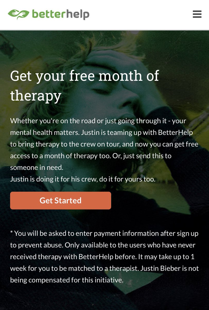 JBCrewSpain's tweet photo. ¡Justin Bieber ofrece a su equipo de gira y a sus fans terapia gratuita!

Con su iniciativa Justice In Action, Justin se unirá a la plataforma de terapia online 'BetterHelp' para brindar acceso gratuito a terapia tanto para su equipo de más de 250 personas como para sus fans. https://t.co/XvDaAircQV