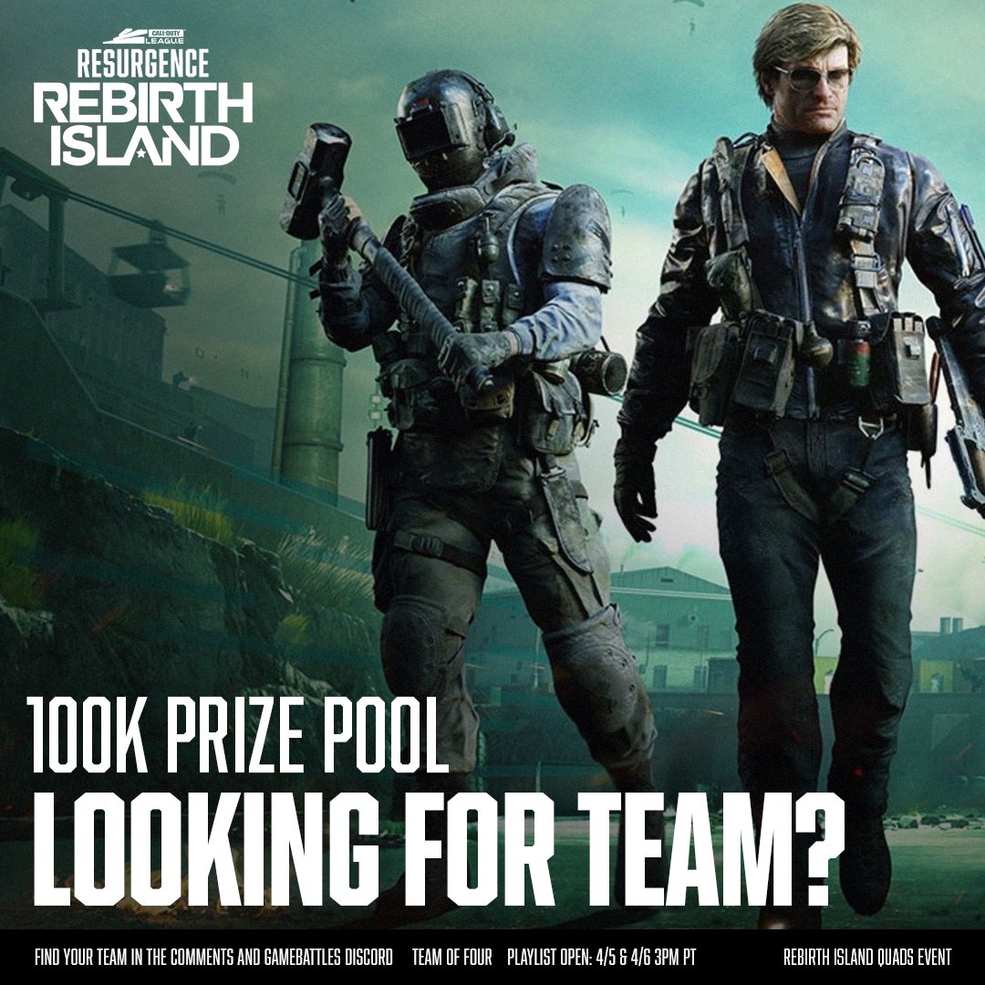Call of Duty League (@codleague) on Twitter photo Still looking for a squad to drop in with❓
The official playlist opens today at 3pm PT, join the <a href="/GameBattles/">GameBattles</a> discord to scout some top tier talent.
🪂 discord.gg/DWJ6rJ7c Still looking for a squad to drop in with❓
The official playlist opens today at 3pm PT, join the <a href="/GameBattles/">GameBattles</a> discord to scout some top tier talent.
🪂 discord.gg/DWJ6rJ7c
