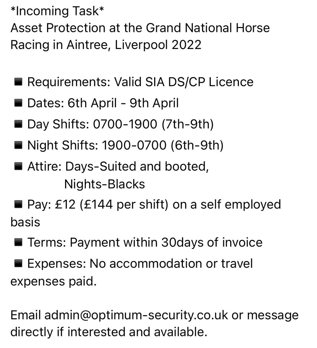 A couple of day shifts added for the Grand National this Thursday to Saturday 🐎🏇
