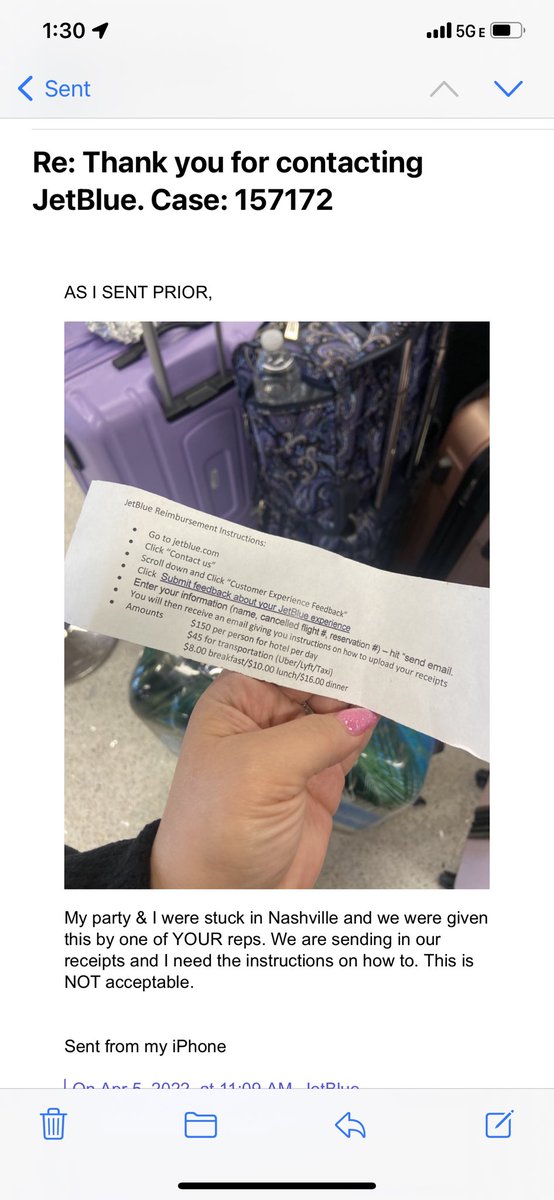 Amber_Pekrul's tweet photo. @JetBlue You have some explaining to do. Not only was my flight canceled and rebooked for 2 DAYS LATER, my party of 8 were told we’d be reimbursed as our vouchers said. This is unacceptable. We need answers https://t.co/r0lLhSbjVI