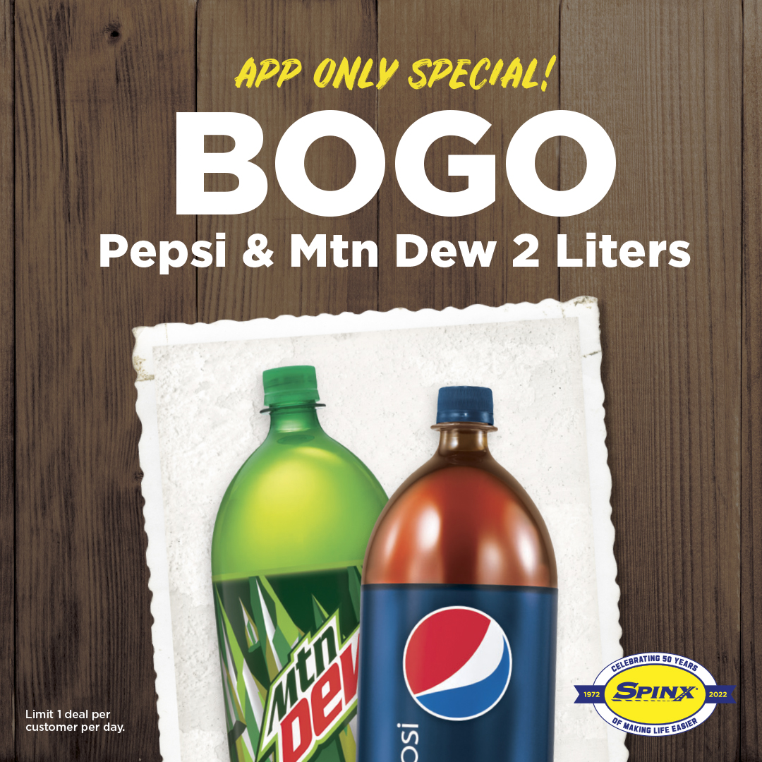 Another great deal to celebrate 50 great years! Registered app members, 2 liter Pepsi and Mountain Dew (any flavor variety) are BOGO FREE! Limit one deal per customer per day. #Xtras #MakingLifeEaser #50years