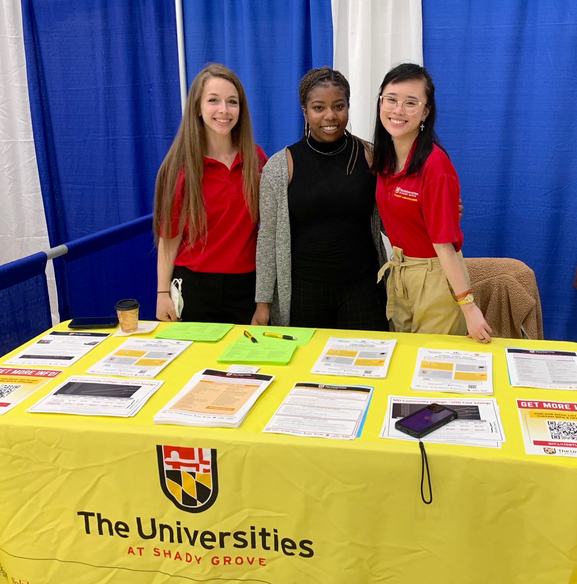 USG_Recruitment's tweet photo. A super successful morning for our @UatShadyGrove Ambassadors and recruitment staff at the @NACAC @NACACFairs College Fair in Germantown today! 3+ hours of telling @MCPS students about the cost-saving @montgomerycoll to USG pathway, and still all smiles at the end! #discoverUSG https://t.co/oS9pftJ57n
