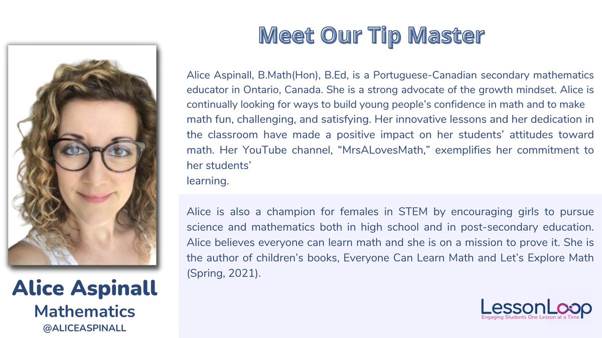 Meet Our Tip Masters Wednesday! Every Wednesday LessonLoop will feature one of our amazing content experts that play a huge part in what makes LessonLoop AMAZING! 

#Education #Edtech #Studentengagement #teacher #educationaltechnology #professionaldevelopment <a href="/aliceaspinall/">Alice Aspinall</a>