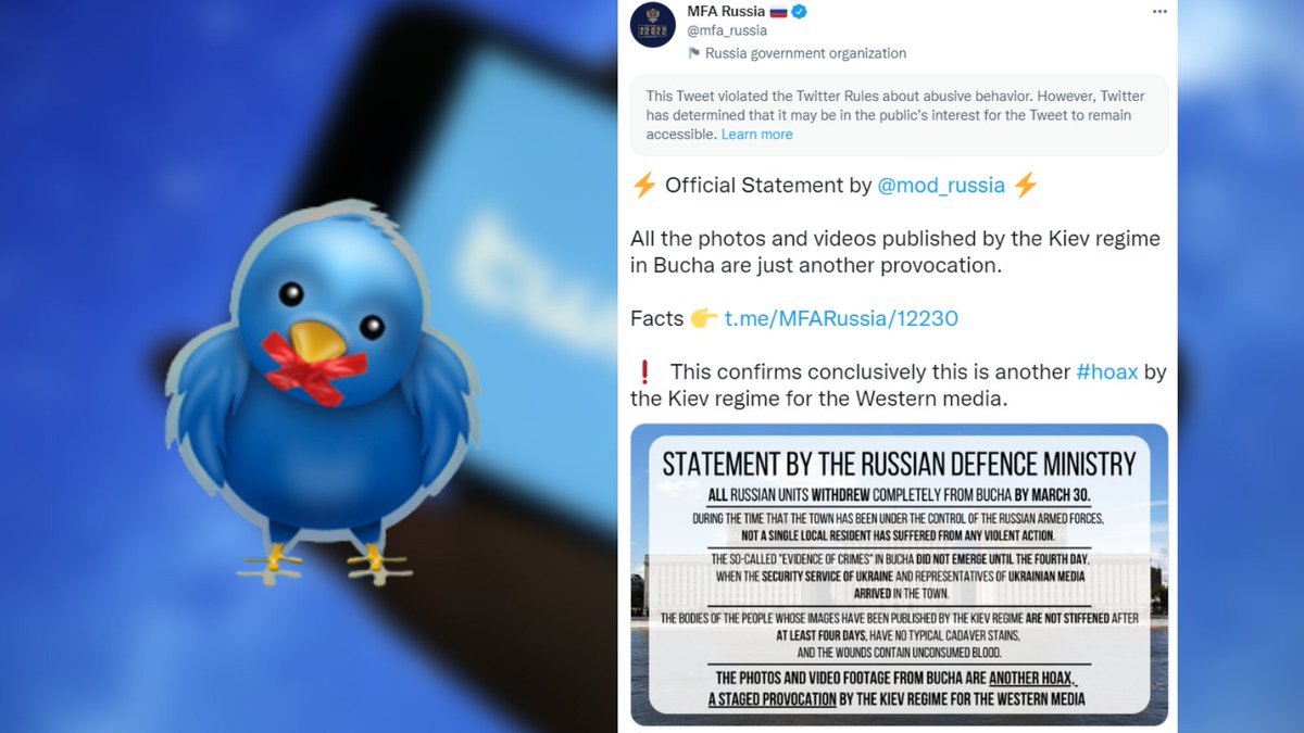 MID_RF's tweet image. 💬 5 апреля социальная сеть «Твиттер» прибегла к акту цензуры, скрыв за уведомлением о «нарушении правил платформы» публикацию на аккаунте @mfa_russia, где были размещены основные тезисы заявления @mod_russia о провокации в украинском н.п.Буча. 

🔗 is.gd/zJgLVC