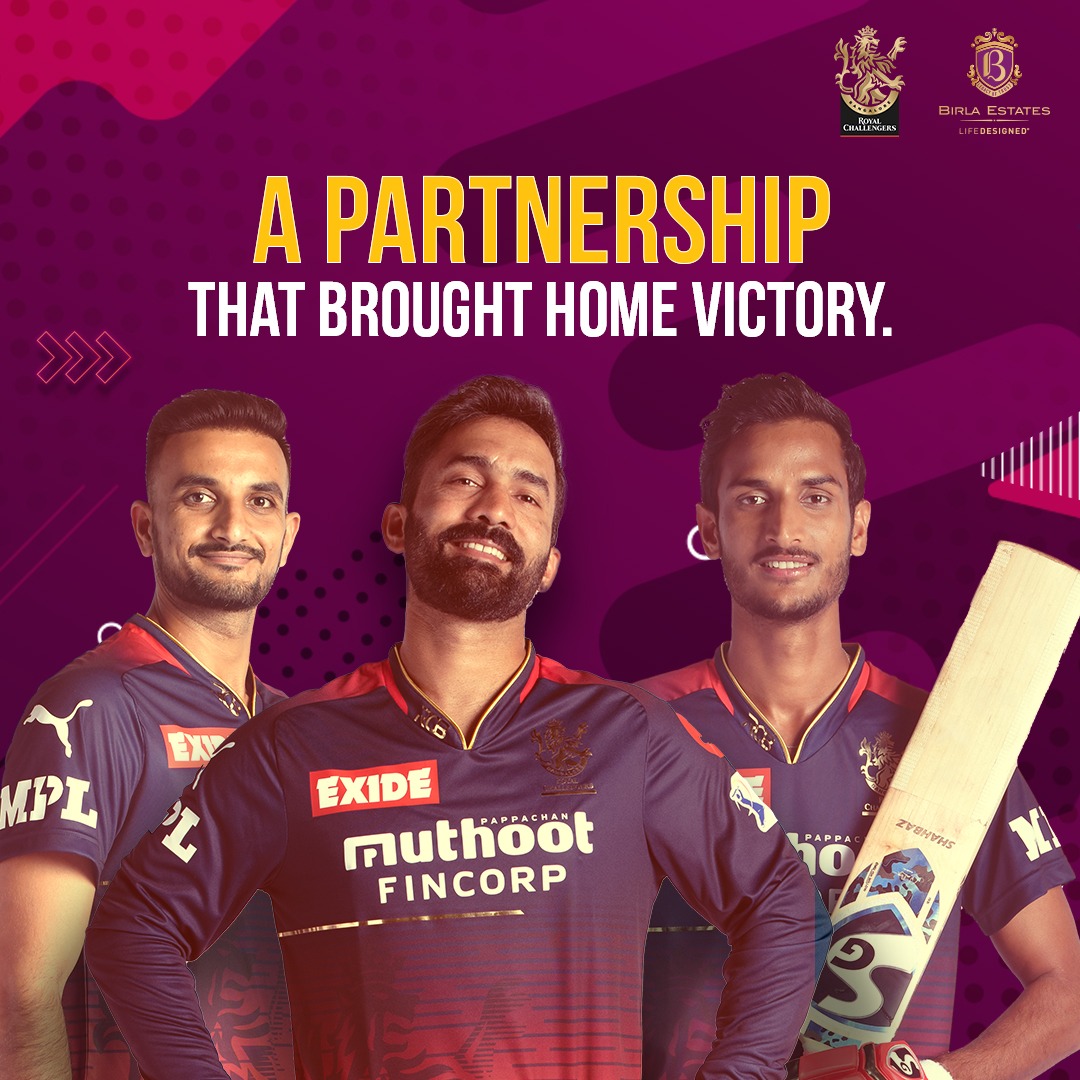 Birla_Estates's tweet photo. This match was a roller coaster ride with many ups and downs, ultimately partnerships brought home a well deserved victory. Which was your favourite moment of the match? #PlayBold #WeAreChallengers #IPL2022 #BirlaEstates #CheerFromHome #RRvsRCB #RCBvsRR @RCBTweets https://t.co/pv8lHijRtP