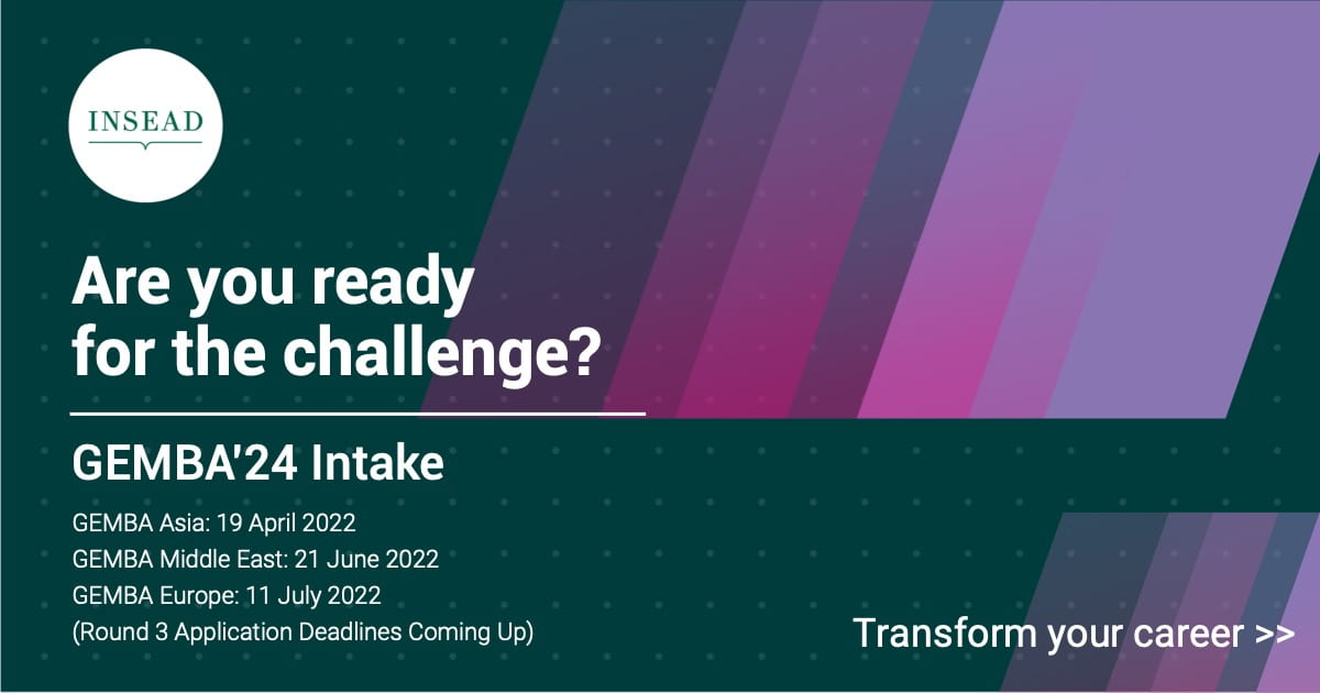 INSEAD's tweet photo. Applications for the GEMBA programme are still open. If you are interested in joining the Asia section, the Round 3 deadline will be 19-April.
Learn more: https://t.co/x6nqO2pZmI
#INSEAD #INSEADGEMBA #DegreeProgrammes #Application https://t.co/WIxGe22Eo4