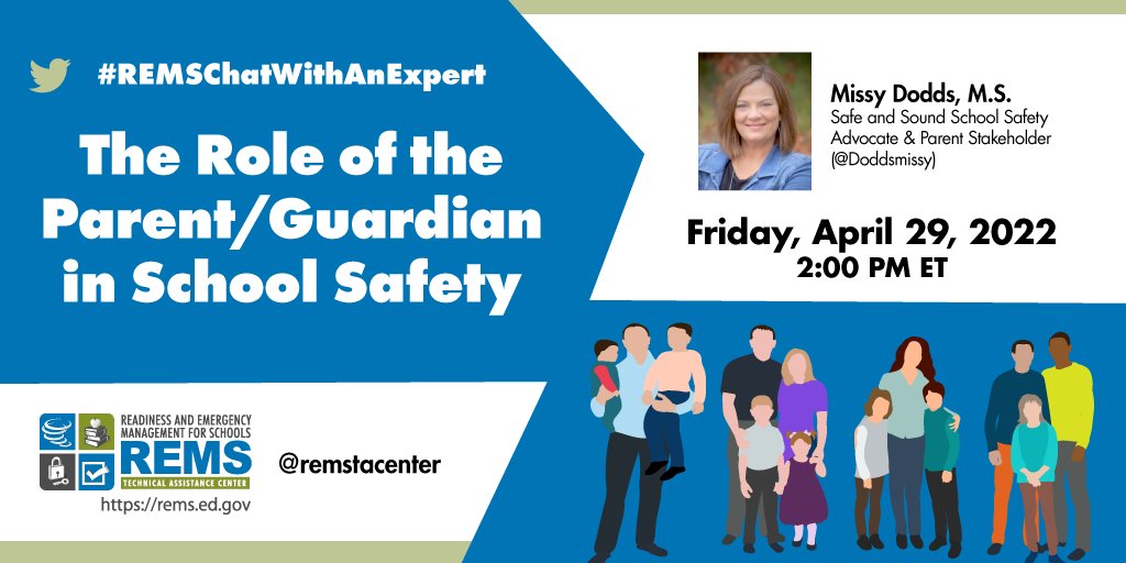 remstacenter's tweet photo. For our upcoming #Twitterchat, we are so thrilled to be discussing the role of the parent/guardian in #schoolsafety with @DoddsMissy, a parent stakeholder, school safety advocate, and former educator. Mark your calendars 🗓️for 4/29 at 2 pm ET! #REMSChatWithAnExpert https://t.co/TtVbm0dqRS