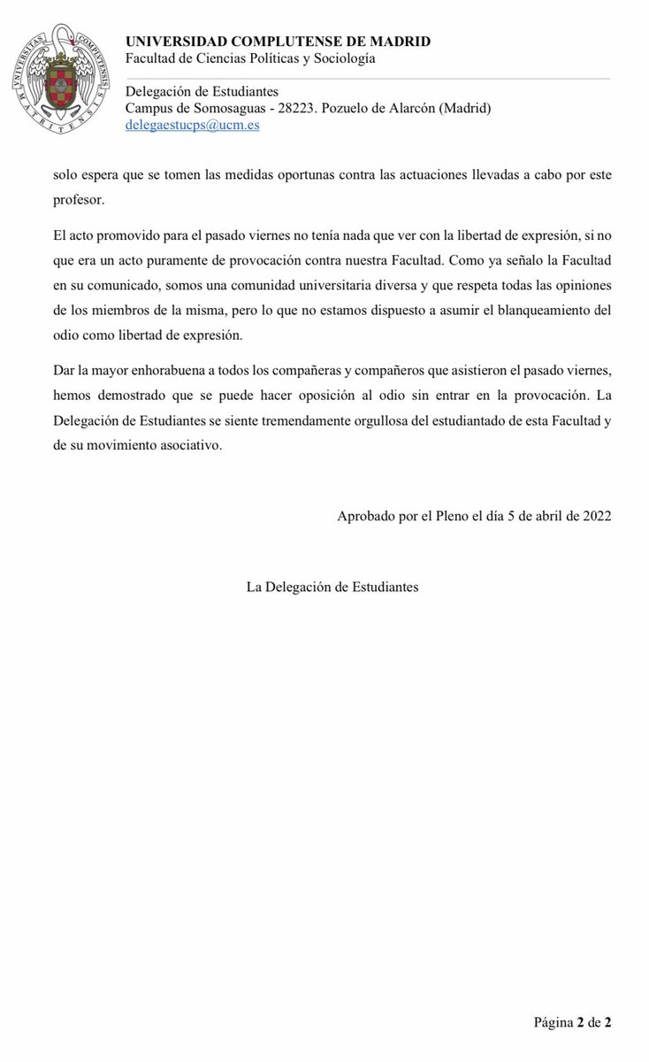 Comunicado oficial de la Delegación de Estudiantes sobre los acontecimientos del pasado viernes 1 de abril.