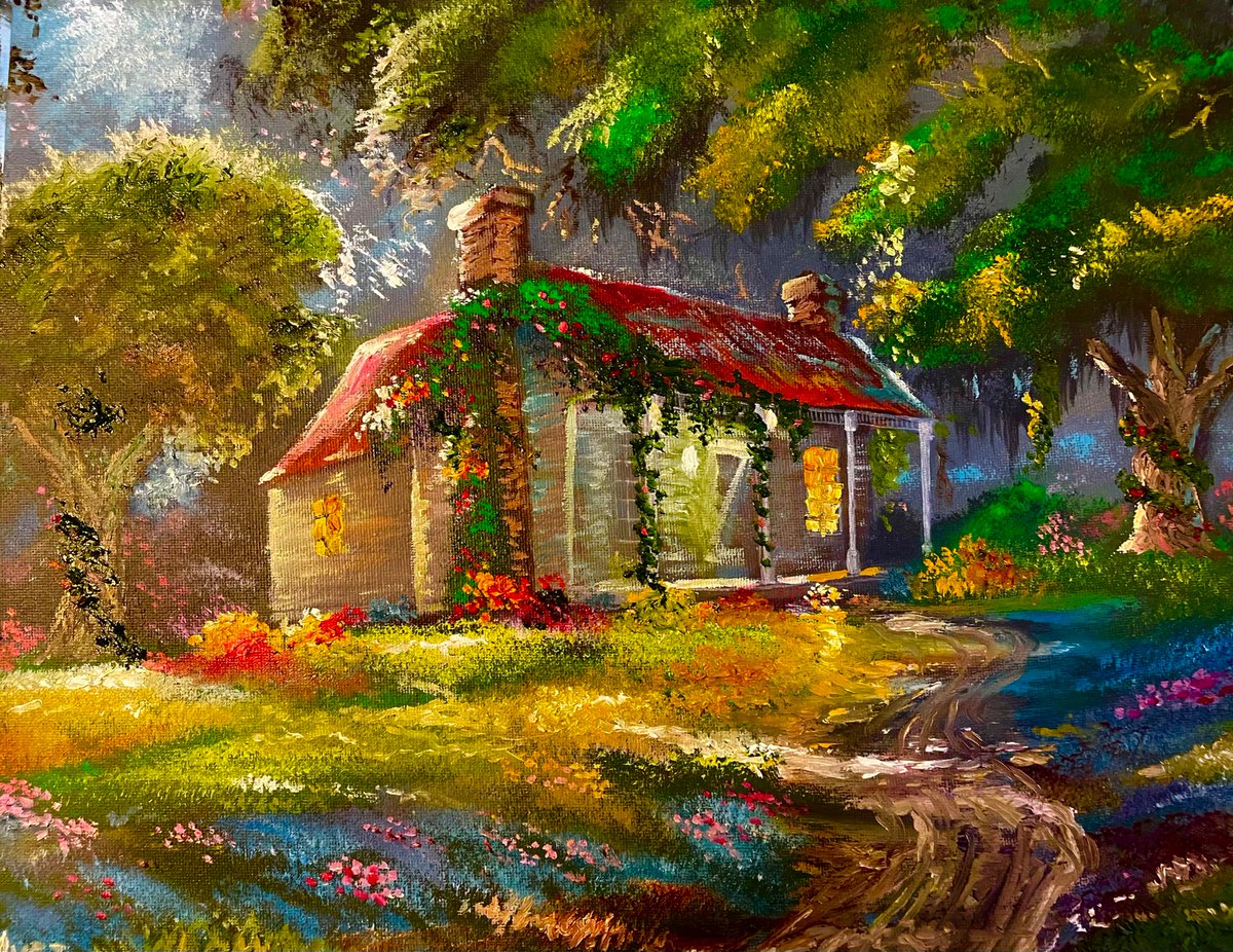 KAJUNARTIST's tweet image. Here’s a new one that I just completed.“Country Home” 2022 is an oil painting on a 16”x20” canvas. Now, I am in the process of painting Disney themed murals in every wall in my house. 😁
#artistsontwitter #art #painting #cottage #country
