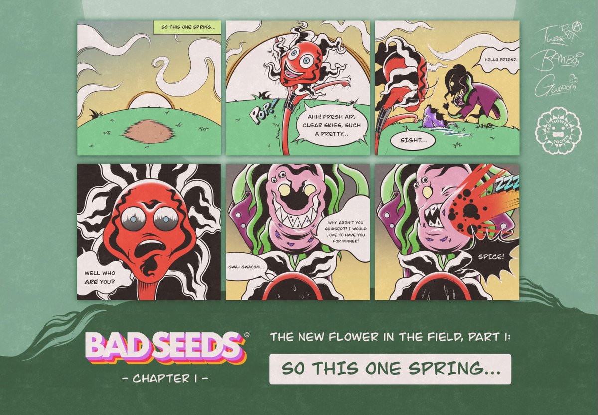 FMugflower's tweet photo. Hey all you bad buds and blossoms! we're finally doing it! Today we've begun the release of our Official BFS Comic: BAD SEEDS. as a sneak peak, here's the first page!

This comic is exclusive to holders of BFS NFTs so snag one while you can https://t.co/bcsKProzro 

STILL MINTING https://t.co/03QhjxnGD0