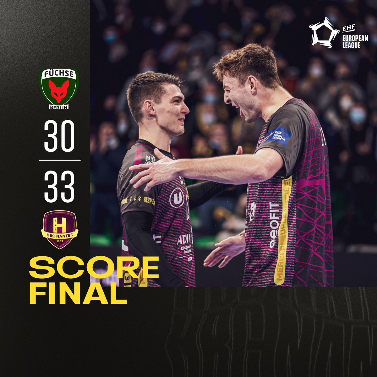 HBCNantes's tweet photo. 𝐂'𝐄𝐒𝐓 𝐂𝐀𝐀𝐀 𝐋𝐄𝐒 𝐆𝐀𝐑𝐒 !!! 😈👊

À l'issue du combat attendu, les Nantais s'imposent avec talent et caractère à Berlin.
Une victoire synonyme de qualif' pour les 1/4 de finale d'EHF European League !

Elle est très belle celle-là messieurs 👏

#BERLINHBCN https://t.co/KQDHOhJP0I