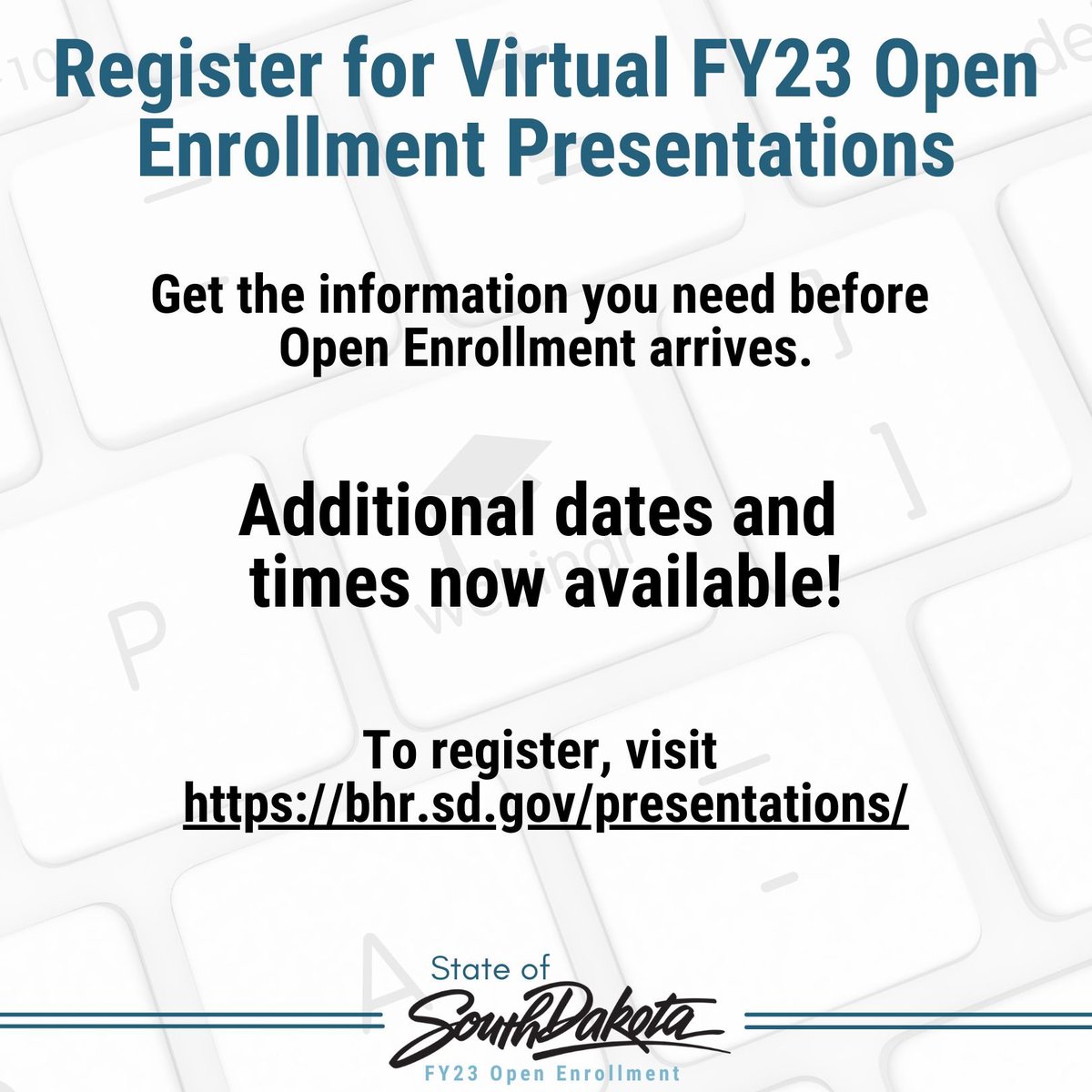 benefitssd's tweet image. New dates and times are now available (Including today)! Register for an Open Enrollment Zoom presentation now: bhr.sd.gov/Presentations/…

#SouthDakota #StateGovernment #stateemployees #healthcare #Benefits #wellbeing