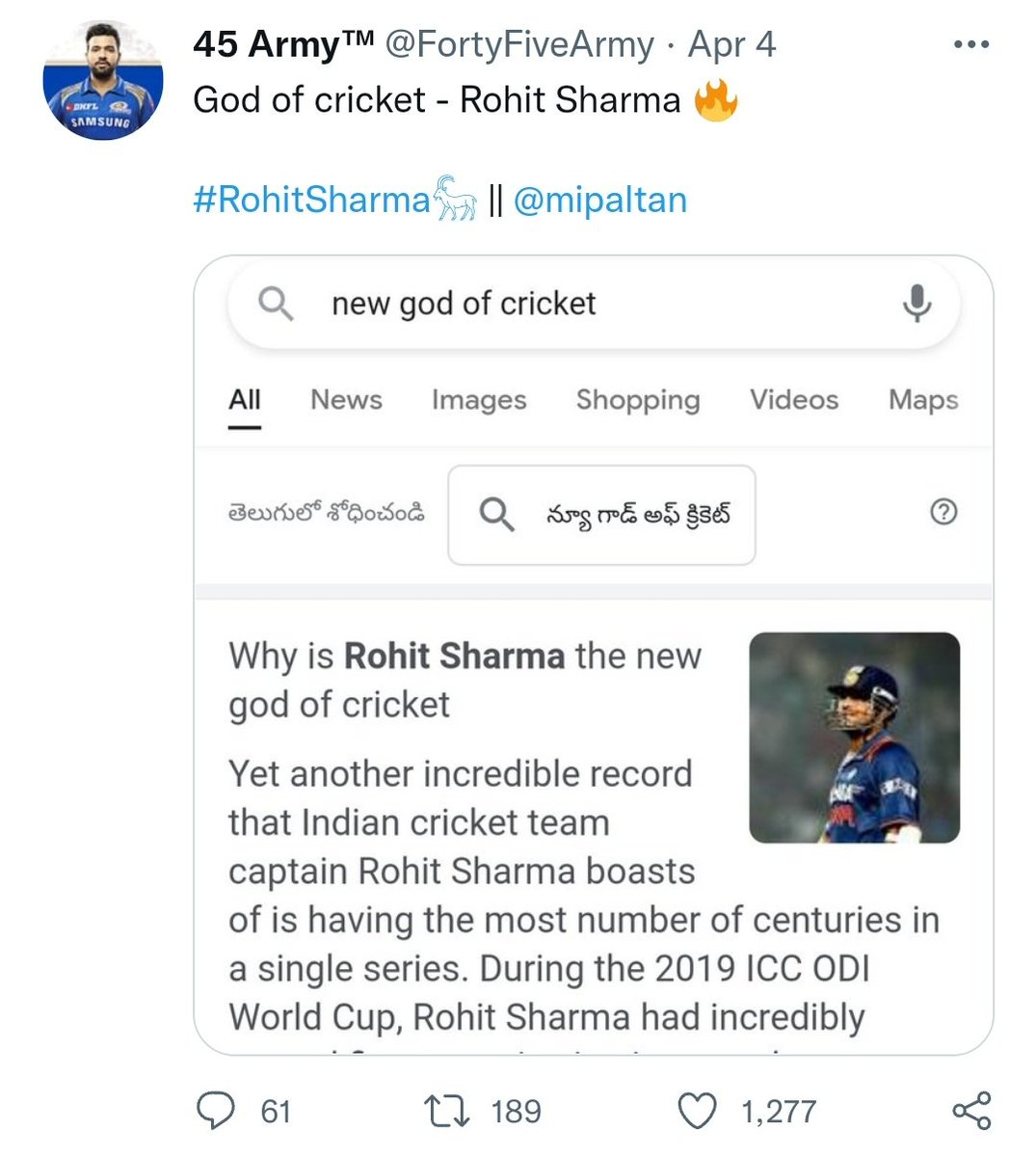 FortyFiveArmy's tweet photo. Thanks all for this much Love. Keep supporting.

#RohitSharma𓃵 https://t.co/tDp6gRhrT3