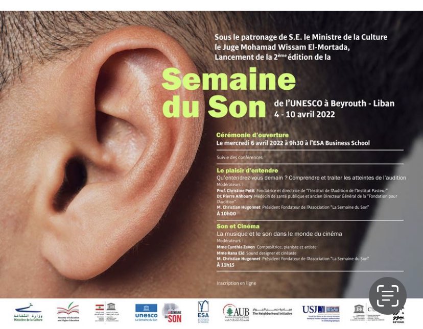 SaharBaassiri's tweet photo. Ouverture demain de la 2ème édition de la Semaine du Son de l’UNESCO au Liban. Félicitations à l’équipe dévouée de Beyrouth.
#Lebanon #LaSemaineDuSon
#WeekOfSoud #اسبوع_الصوت https://t.co/QIXxiRD8c7
