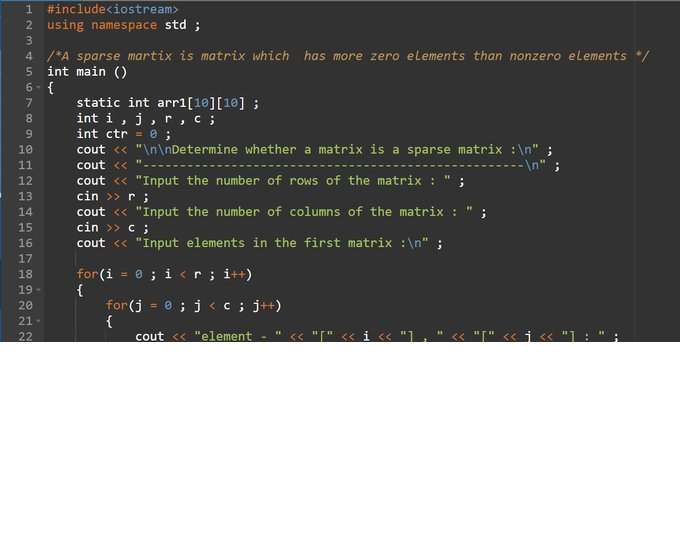 tripathi__vt's tweet photo. day"67" of #365daysofcode with 
@scaler_official

problem : "Write a program in C to accept a matrix and determine whether it is a sparse matrix."
//Started with C++//
#scalerdiscord #scalerlearning https://t.co/8DB9H9jWY8