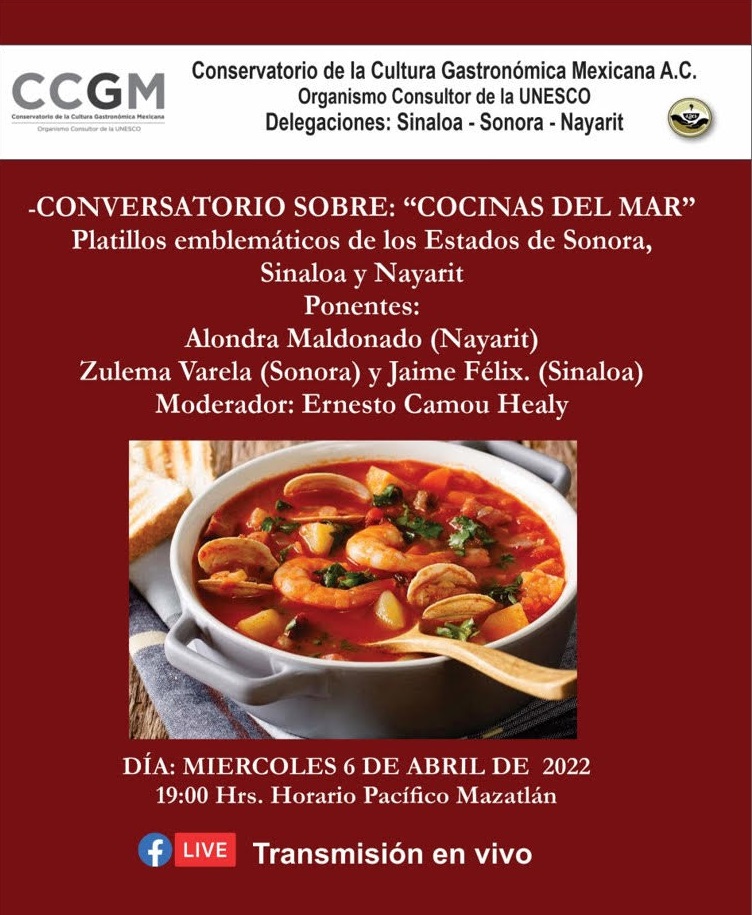 CCGM_Mexico's tweet photo. Iniciamos abril con el conversatorio "Cocinas del mar", platillos emblemáticos de los estados de Sonora, Sinaloa y Nayarit. Participan los delegados del #CCGM: @ChefAlondra, Zulema Varela y @JaimeFelixPico
Modera: @GueroCamou
#FacebookLive Miércoles 6 de abril, 20:00 h (CDMX) https://t.co/P0idvA0i3y