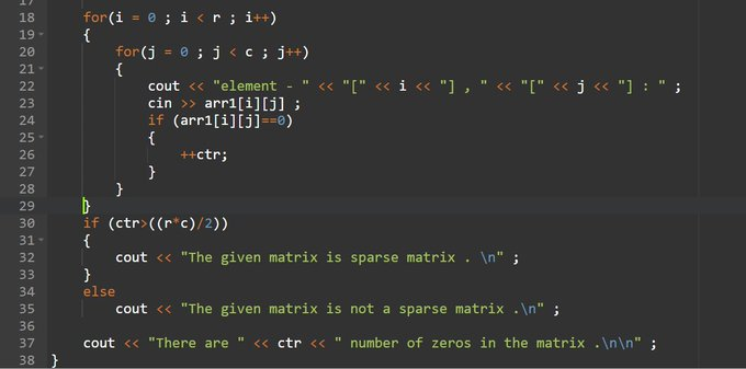 tripathi__vt's tweet photo. day"67" of #365daysofcode with 
@scaler_official

problem : "Write a program in C to accept a matrix and determine whether it is a sparse matrix."
//Started with C++//
#scalerdiscord #scalerlearning https://t.co/8DB9H9jWY8