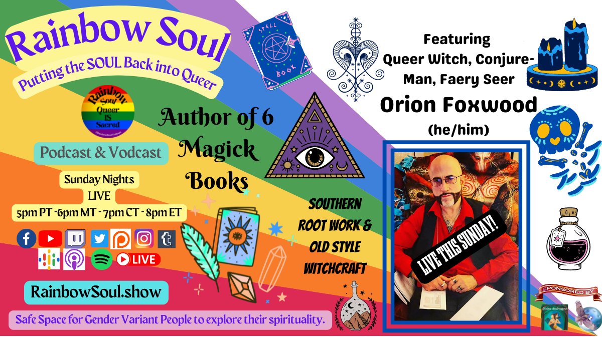 RainbowSoulLive's tweet image. THIS SUNDAY! 4/10 LIVE! Meet Orion Foxwood! A Queer Witch, Conjure Man, and Feary seer! Here's Your LGBTQIA+ elder WITCH! #transgender #Gendervariant #orionfoxwood #nonbinary #lgbtqia+ #witches #witchcraft #elder #QueerIsSacred #genderfluid #hoodoo #voodoo Live on Twitter