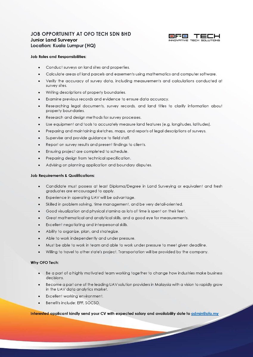 OFOtweets's tweet photo. WE'RE HIRING π£π£
Join our dynamic, high-energy, and innovative team and work at the forefront of the industry!
π’Junior Land Surveyor
β’ Location: Kuala Lumpur (HQ)
SEND YOUR APPLICATION TO;
ππ½ admin@ofo.my
#hiring #LandSurveyor #job #OFOtech #UAV https://t.co/UUwPwVB47Q