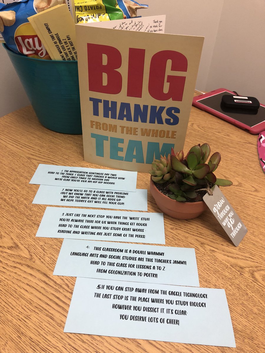 natnatpriceAP's tweet photo. Day 2 of my 7th grade scavenger hunt for AP Appreciation!  Today’s clues were from Track 1.  A jumbo card signed by my 7th grade teachers and a beautiful succulent. #lovewhereyouwork @HollyGroveMS @Southernarea1 https://t.co/l1XMlmO9f4