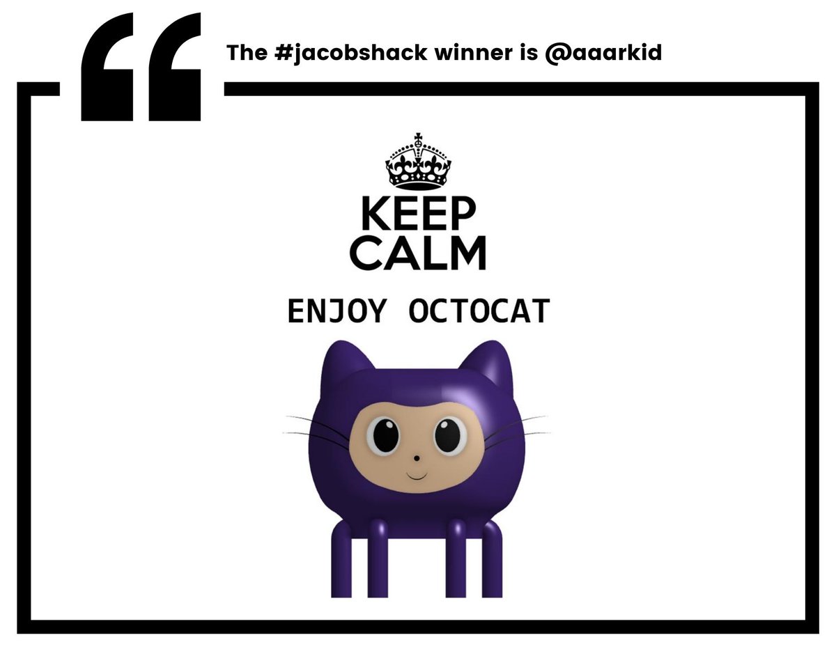 GitHubEducation's tweet image. 🖌️🎨 @GitHubEducation #MyOctocat winners for today 🎉 

☕ @belikeamitesh
🛏️ @17sushmita
🛑 @ashit_o7
👑 @aaarkid

#unihacks #Hackcoming #KHE2021 #jacobshack