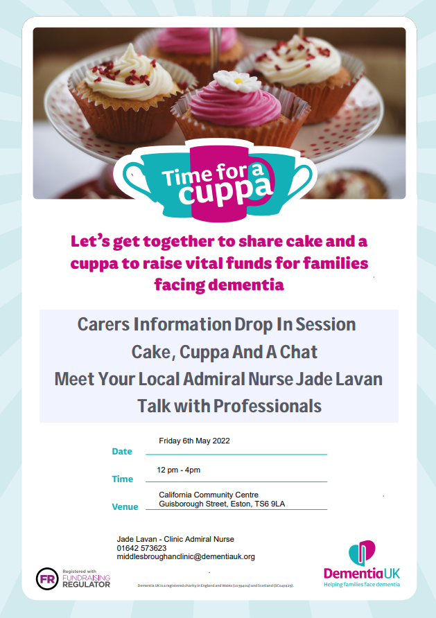 Enjoy cake, a cuppa and a chat on Friday 6th May, 12pm-4pm, while meeting your local Admiral Nurse, Jade Lavan. 
This drop in session for carers information takes place at California Community Centre, Guisborough Street, Eston, TS6 9LA.