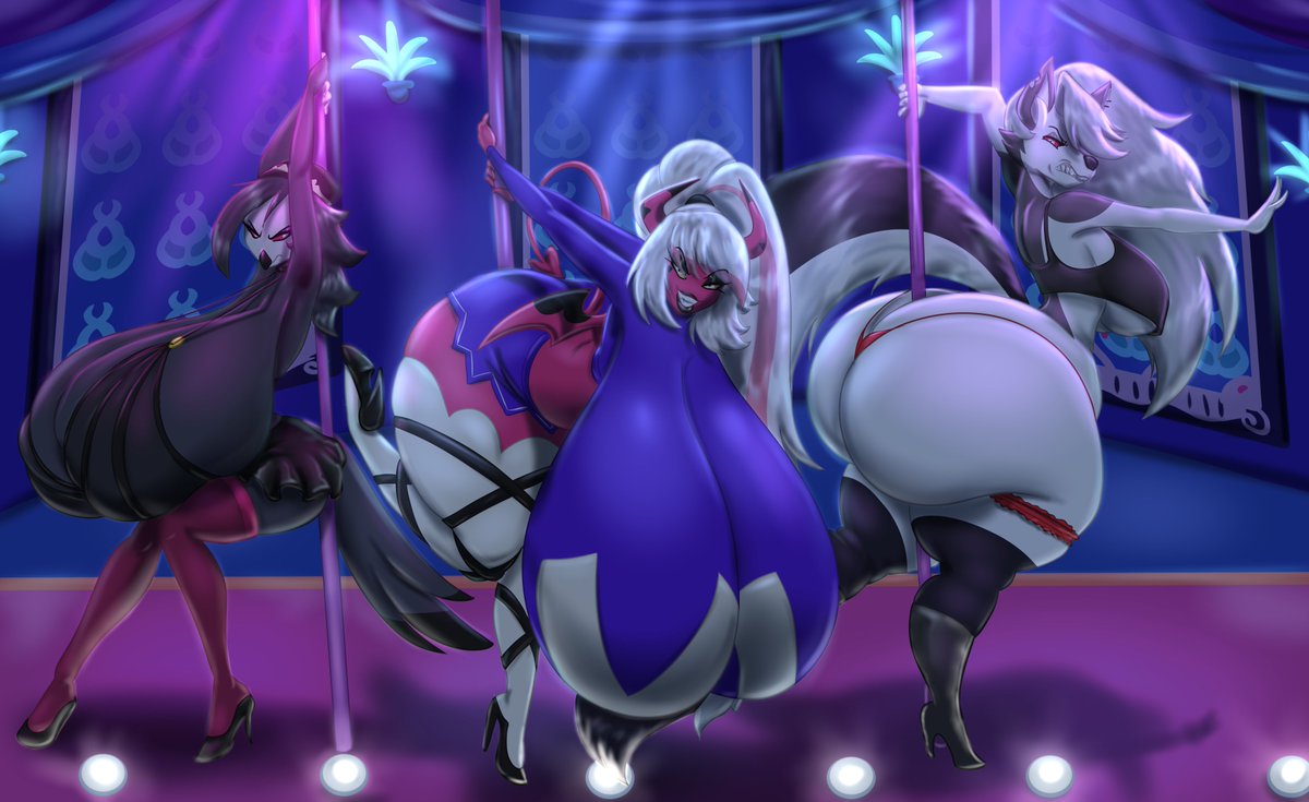 AWildGoHt's tweet photo. Verosika roped these girls into a show somehow... they'll probably get revenge later.

Art by @marauder6272 
Colored by @Blues_64 
Commissioned by me.
Characters from Helluva Boss. https://t.co/wYMNAe2Uc4