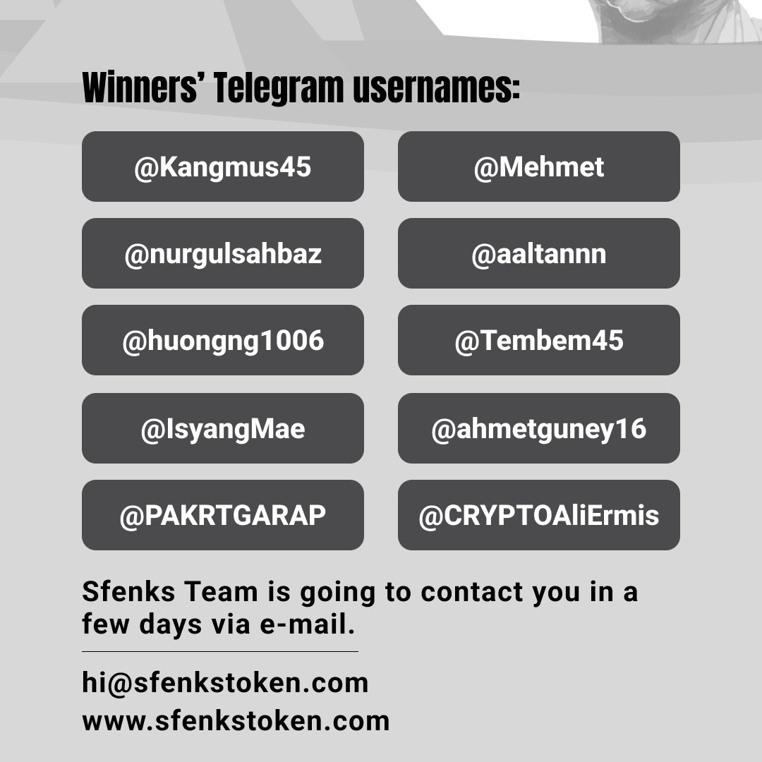 Hi everyone,

50 BUSD to 10 best answer event has been completed and 50 BUSD has ben sent to each winners' wallets.

Keep following our social accounts and Telegram Channel for more giveaway events.

t.me/sfenkstoken #sfenkstoken #giveaway #busd #cryptocurrency