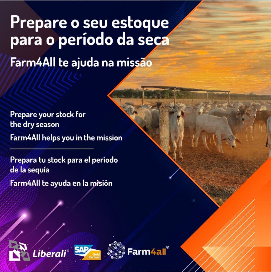 Farm4All é o software da Liberali que irá te ajudar nas compras de insumos e na análise do seu estoque.

Afinal, para enfrentar o período da seca, é necessário ter o auxílio de bons produtos, como rações.

Portanto, não arrisque a sua produção: conte com Farm4All!
