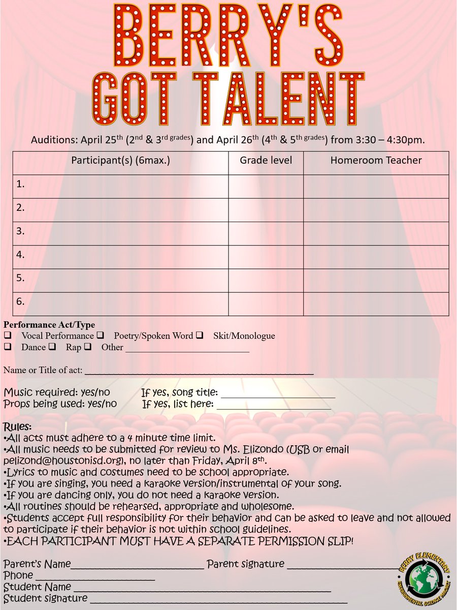 JamesBerryHISD's tweet photo. Our 1st Annual Talent Show is around the corner. Read flyers for details. Nuestro primer espectáculo anual de talentos está a la vuelta de la esquina. Lea los volantes para más detalles. #BerryBees https://t.co/7XVBIpUmu6