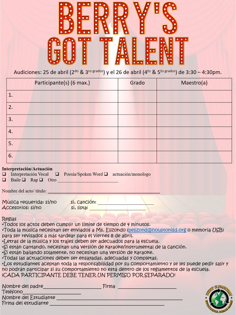 JamesBerryHISD's tweet photo. Our 1st Annual Talent Show is around the corner. Read flyers for details. Nuestro primer espectáculo anual de talentos está a la vuelta de la esquina. Lea los volantes para más detalles. #BerryBees https://t.co/7XVBIpUmu6