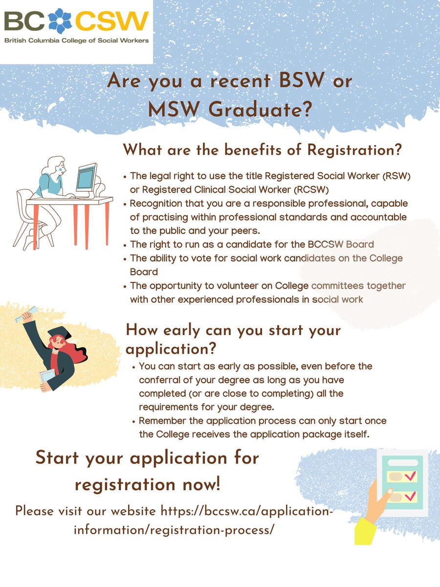 BCCSW_Regulator's tweet photo. Are you a new BSW or MSW graduate? Want to become a Registered Social Worker in BC?
Please refer to this link on the steps to start your application right away!
https://t.co/lL6OaJsEgh https://t.co/7oSrmNveKo