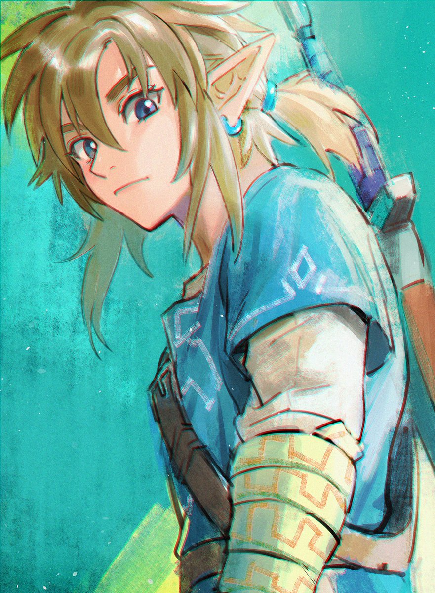 link 1boy male focus solo pointy ears jewelry earrings blue eyes  illustration images