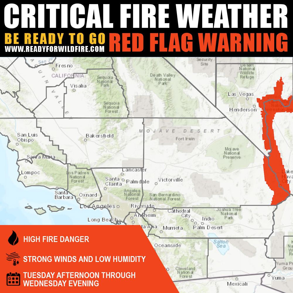CALFIRE_PIO's tweet photo. #RT @CAL_FIRE: #RedFlagWarning in effect from this afternoon until Wednesday evening in San Bernardino County due to strong winds and low humidity. This is #CriticalFireWeather so use caution when outdoors. https://t.co/xjkd2kevW9 https://t.co/Abg3AKjZut