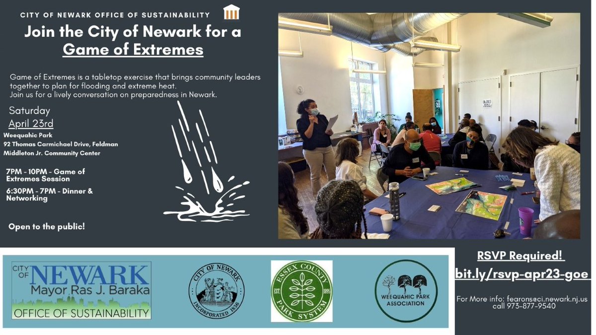 🌊Extreme Weather Is Not A Game! ⛈️🔥🌇
🌏🌍🌎
Take part in a Game of Extremes 
Training session with us on 
Saturday, Apr. 23, from 7PM – 10PM at @Weequahic Park 
92 Thomas Carmichael Drive, Feldman Middleton Jr. Community Center. 

RSVP is required at bit.ly/rsvp-apr23-goe