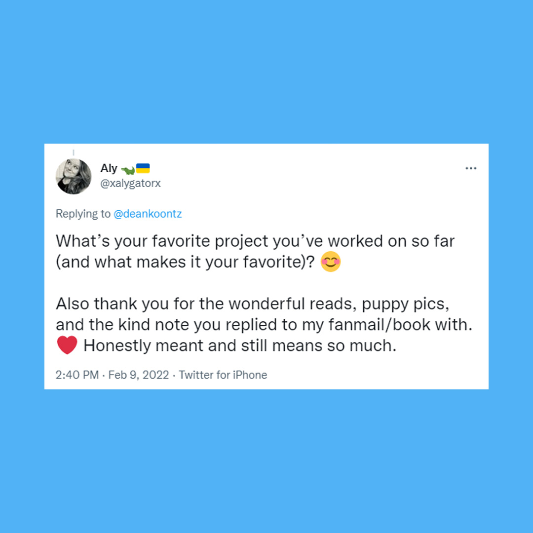 deankoontz's tweet photo. That would be FROM THE CORNER OF HIS EYE because it was the hardest concept to make work. Challenging projects are the most fun. https://t.co/X1luAS4eu0