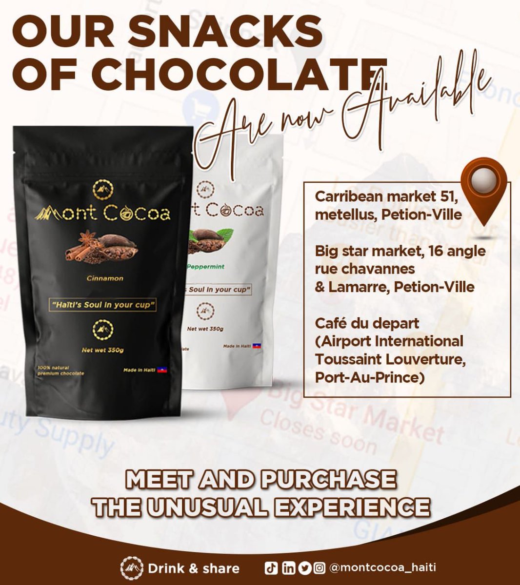 Montcocoa's tweet photo. Now on you can procure our snack of chocolate 
@caribbeansupermarketsa @big.starmarket @cafe.du.depart 
#tagyourfriends #darkchocolate #premiumbeverage #haitisoulinyourcup🇭🇹☕️ #drink&amp;share #HealthyFood https://t.co/zLnVbRolLF