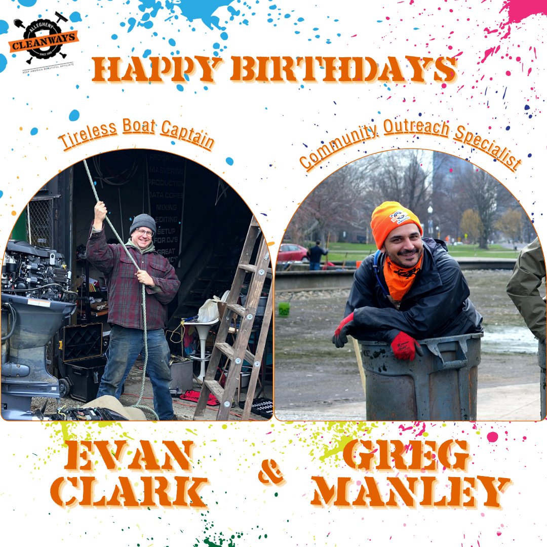 AlleghenyCW's tweet photo. Help us wish a double Happy Birthday to our staff members Evan and Greg!
#AlleghenyCleanWays #TirelessProject #LitterWalk #LitterLeague https://t.co/ZnP2SVikkZ