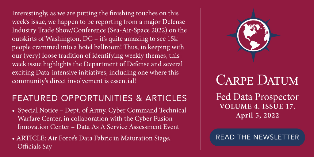 Caskin_MPC9's tweet image. Stay up to date on the latest federal opportunities and industry news with Carpe Datum&apos;s Federal Data Prospector Weekly Newsletter. carpedatumdc.com/newsletter/ #fedopps #fedbiz #govbiz #govnews #newsletter #data