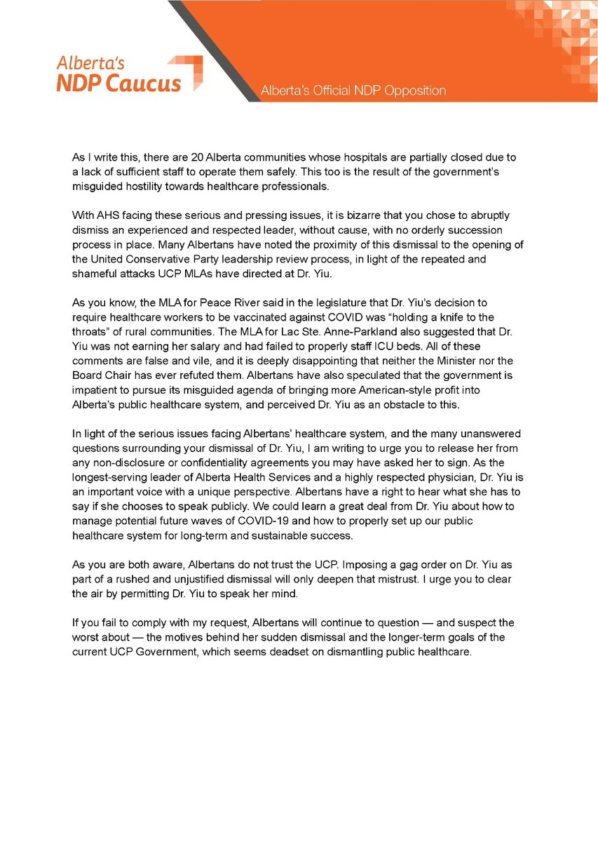 RachelNotley's tweet photo. Dr. Verna Yiu deserves to be heard if she chooses. 

She's a champion of public healthcare, led Alberta Health Services through the worst health crisis we've faced and is being removed for political reasons. 

The UCP must remove any confidentiality restrictions. #ableg #abhealth https://t.co/cEJFxHn37d
