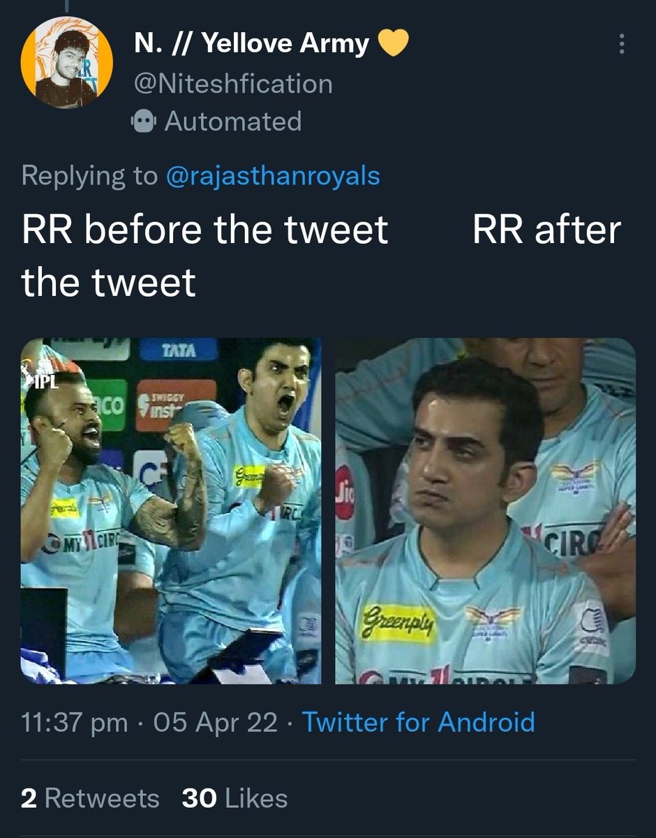 tyreseCaps's tweet photo. @Niteshfication @rajasthanroyals RR before the tweet the tweet

RR after https://t.co/9TgHHR6LfF