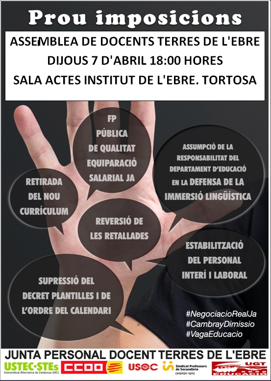 JuntaEbre's tweet photo. SEGUIM! 
ASSEMBLEA DE DOCENTS TERRES DE L'EBRE
DIJOUS 7 D'ABRIL 18:00 HORES
SALA ACTES INSTITUT DE L'EBRE. TORTOSA https://t.co/QgAGgG7tcN