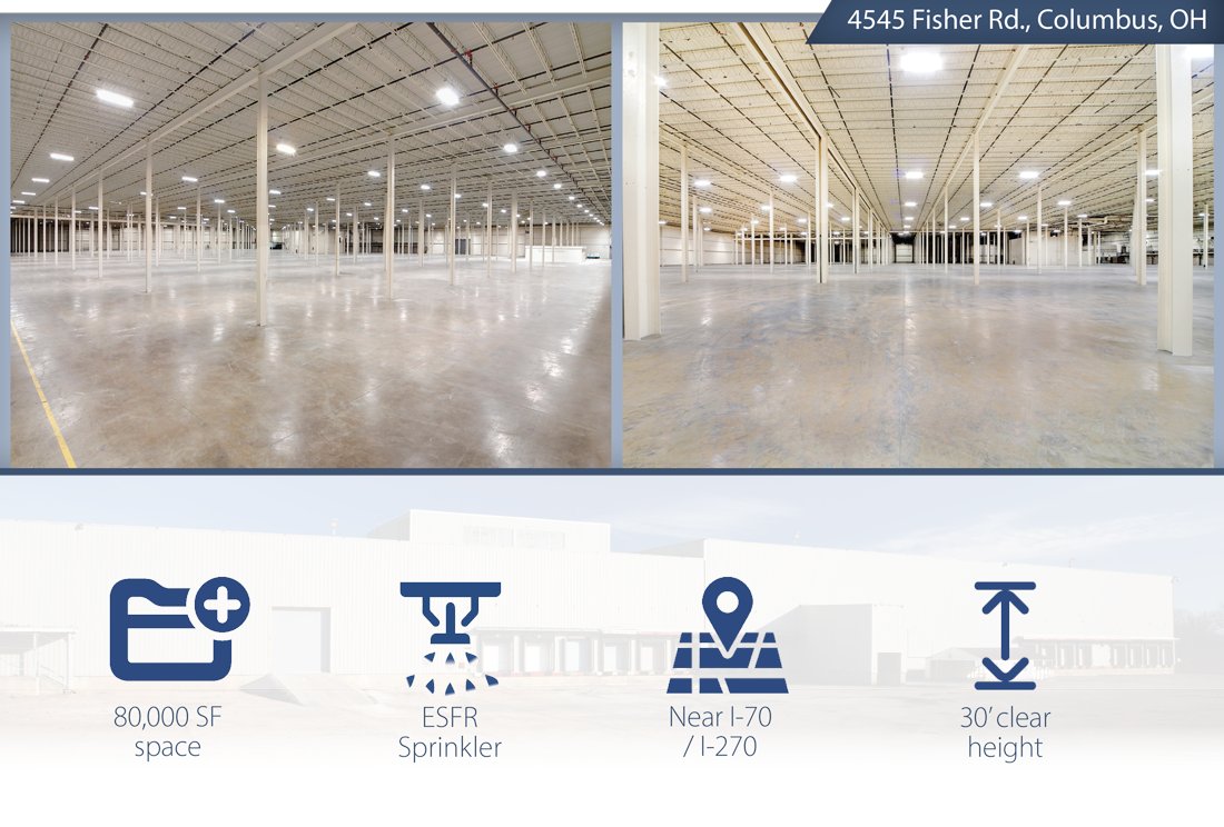Columbus Ohio - 80K Distribution Space with Parking for 250 Trailers. 30' Clear and up to 9 Docks. ESFR. Contact Dean Miller dmiller@icpllc.com or Kohl Kirkland kkirkland@icpllc.com
 
conta.cc/3x43vwD