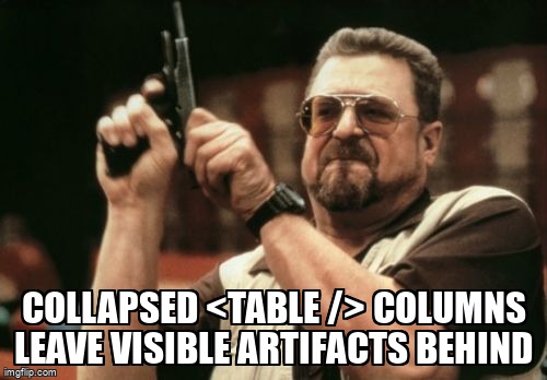 overflow_meme's tweet image. Collapsed &lt;table /&gt; columns leave visible artifacts behind stackoverflow.com/questions/7175… #htmltable #visibility #css #colgroup #col